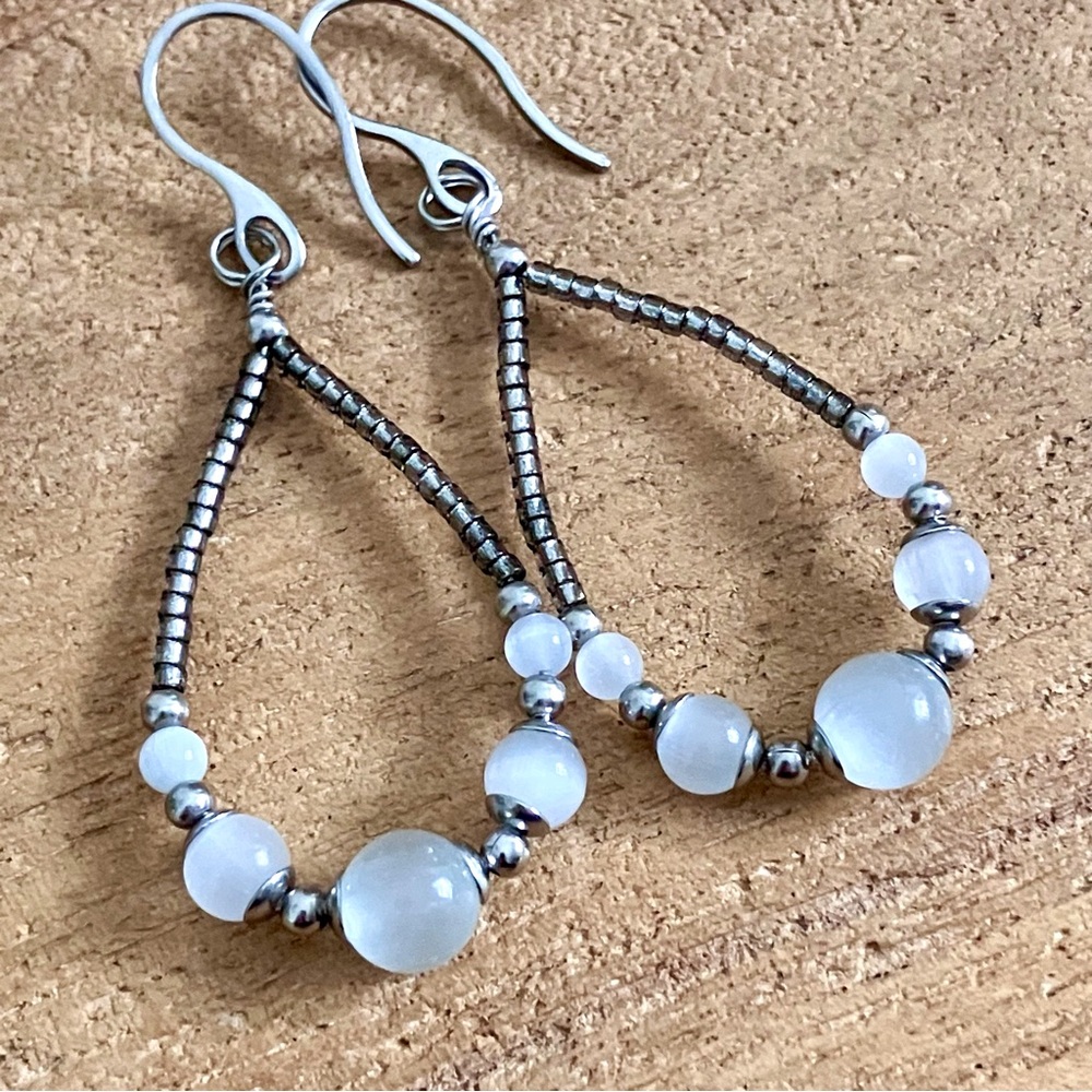 Natural Selenite Teardrop Hoop Earrings in Stainless Steel Handmade Artisan